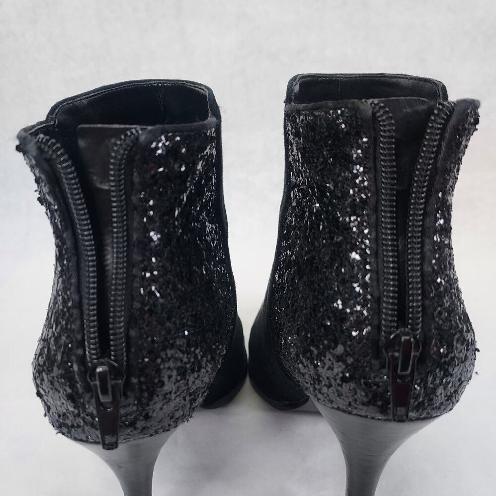 BCBG Milan Stiletto Ankle Booties Women's 9.5B Black Suede Glitter Zip Heel Glam - Picture 8 of 15
